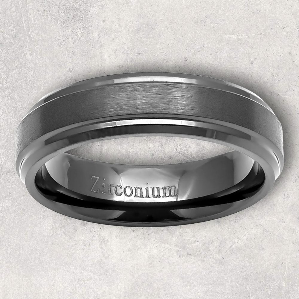 NOV9M®️ 6mm Zirconium Brushed Center Stepped Edge Men's Wedding Band